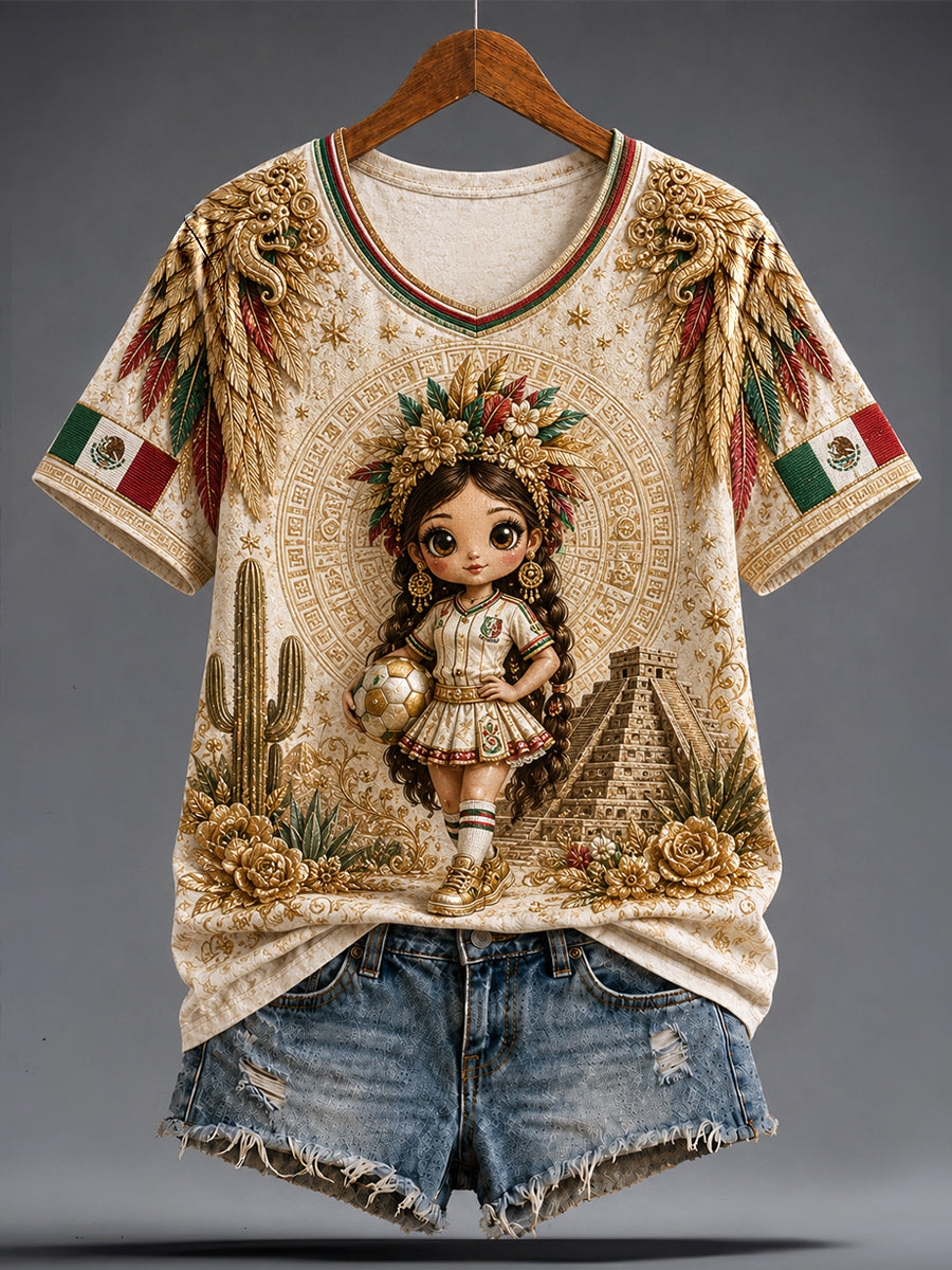 Women's Mexico Football Lover Lele Doll Art Printed T-shirt