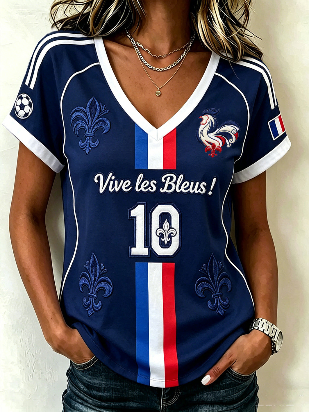 Women's Color Combination Design Football Element Pattern Print V Neck T-shirt