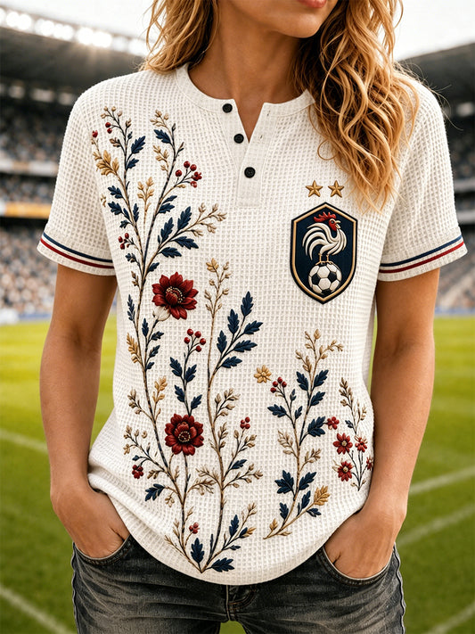 Women's France Football Inspired Floral Waffle Fabric Short-sleeved T-shirt