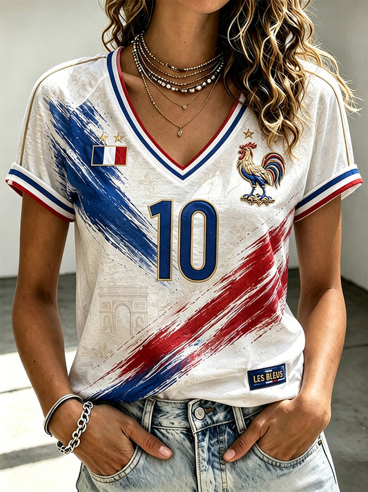 Women's French Football V-Neck Off-Shoulder Short-Sleeved T-Shirt