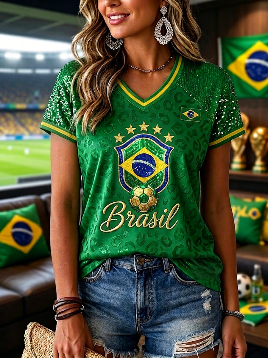 Women's Brazilian Football Inspired Print V-neck Off-shoulder Short-sleeved T-shirt