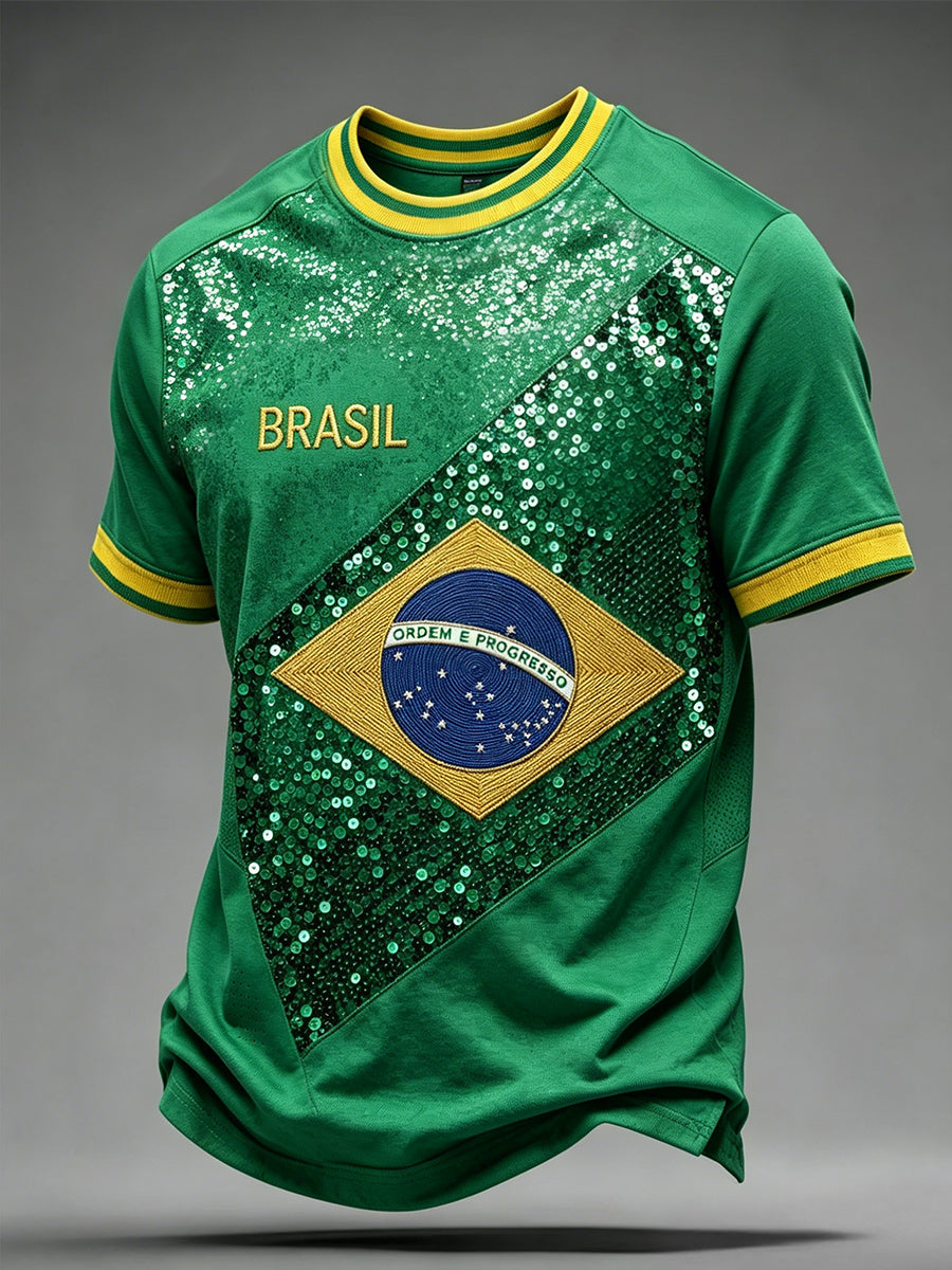 Men's Brazilian Football Inspired Print Short Sleeves T-shirt
