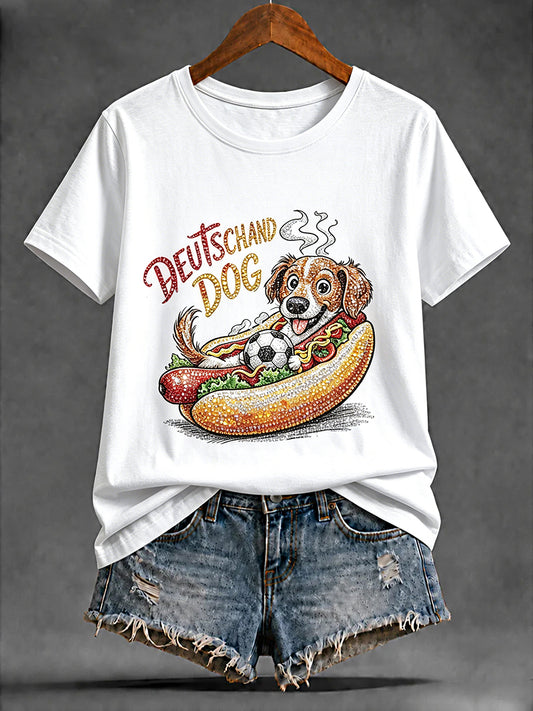 Women’s White German Hot Dog Football Print Casual T-shirt