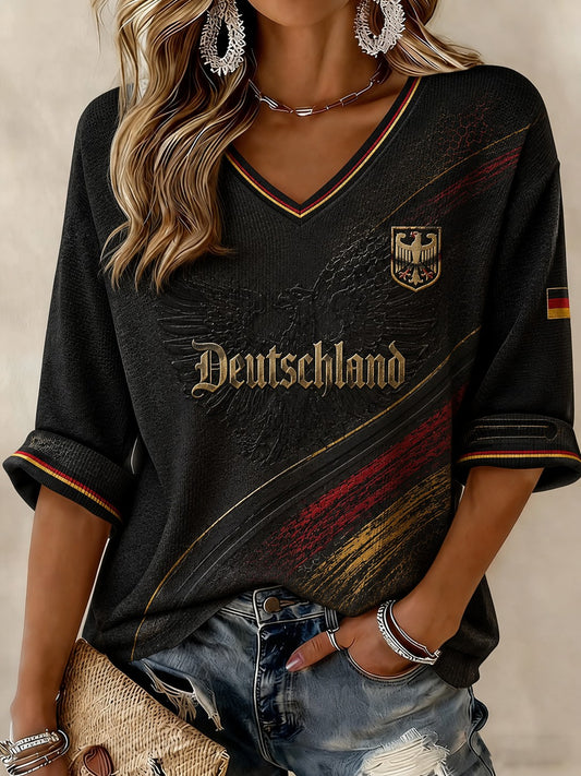 Women's Germany Football Printed Mid-length Sleeves V-neck T-shirt