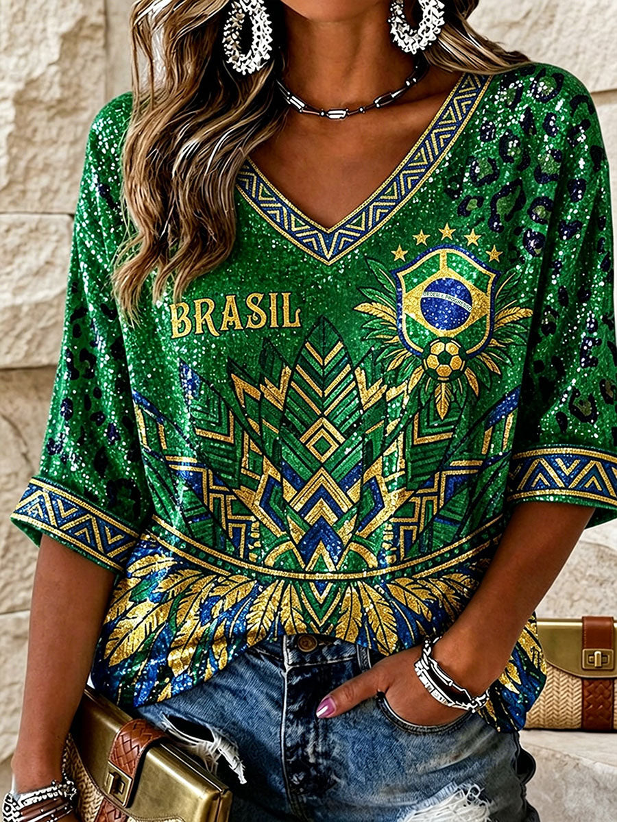 Women's Brazilian Football Inspired Mid-length Sleeves V-Neck T-Shirt