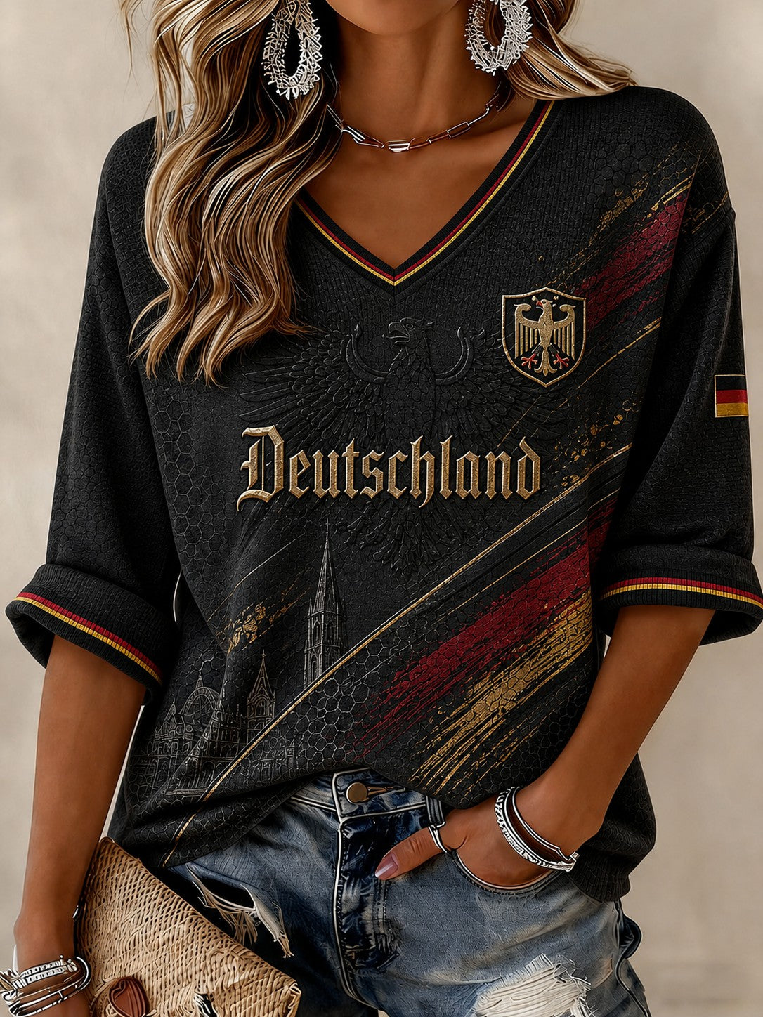 Women's Germany Football Printed Mid-length Sleeves V-neck T-shirt