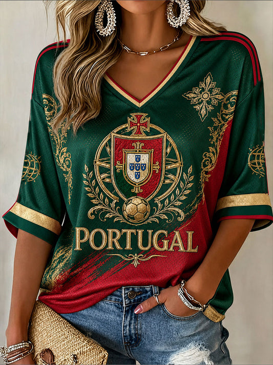 Women's Portugal Football Mid-length Sleeves V-Neck T-Shirt