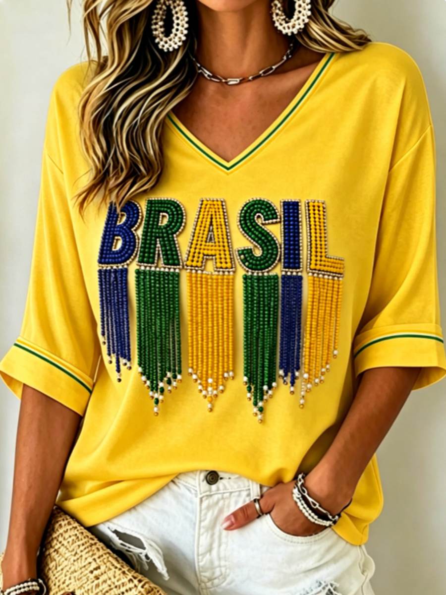 Women's Mid-length Sleeves V-Neck T-Shirt