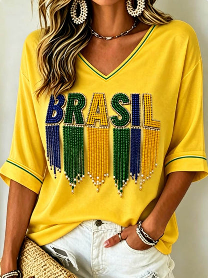 Women's Mid-length Sleeves V-Neck T-Shirt