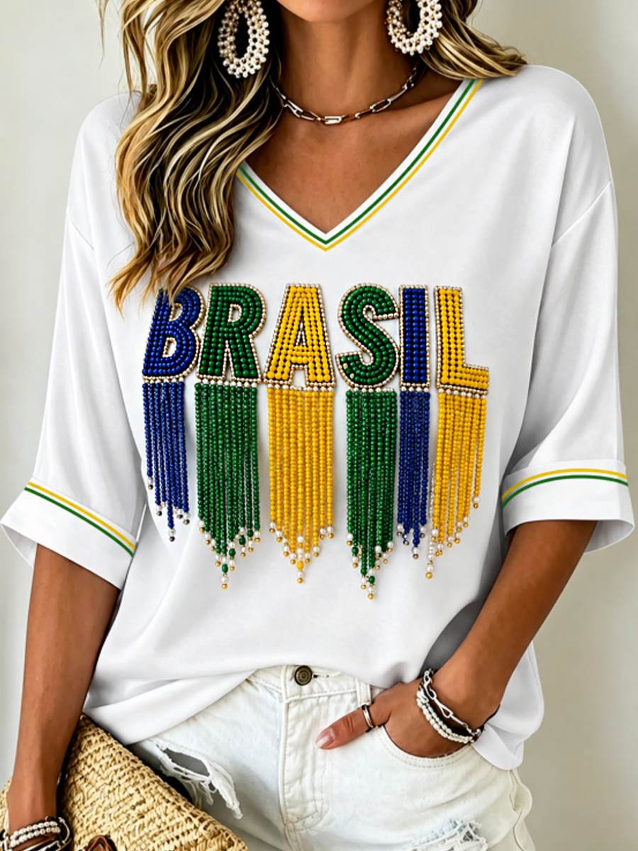 Women's Mid-length Sleeves V-Neck T-Shirt