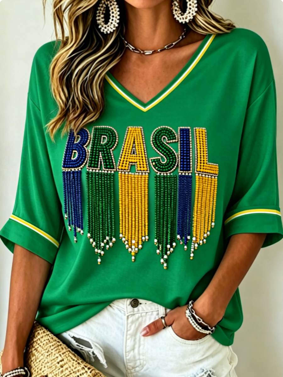 Women's Mid-length Sleeves V-Neck T-Shirt