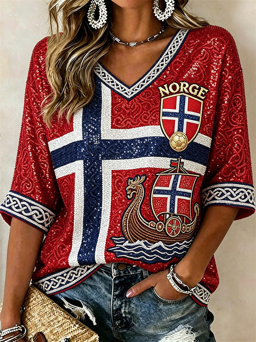Women's Norway Football Viking Ship Celtic Knot Flag Glitter Print Mid-length Sleeves V-Neck T-Shirt