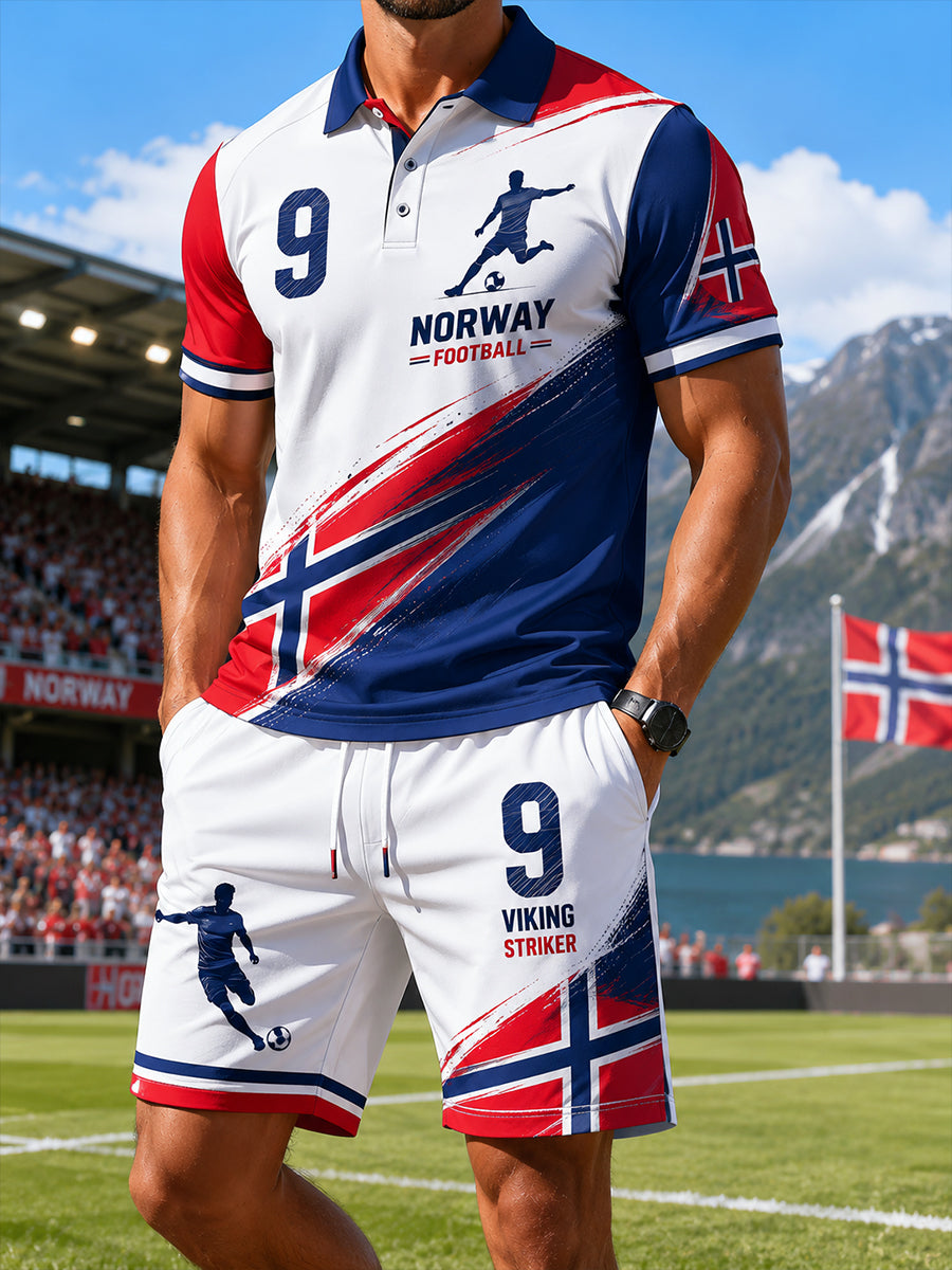 Men's Short-Sleeve Polo Shirt And Shorts Set With Soccer-Themed Print