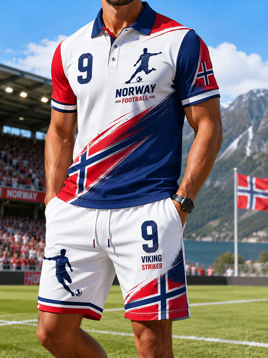 Men's Short-Sleeve Polo Shirt And Shorts Set With Soccer-Themed Print