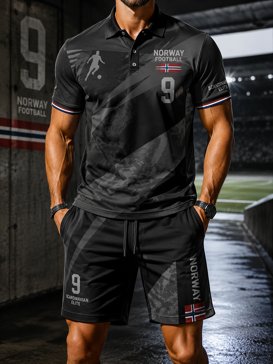 Men's Short-Sleeve Polo Shirt And Shorts Set With Soccer-Themed Print