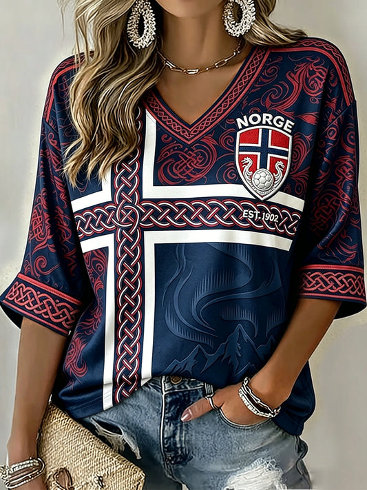 Women's Norway Football Inspired Celtic Print Mid-length Sleeves V-Neck T-Shirt