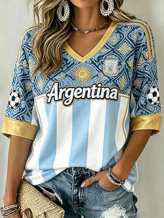 Women's Color Combination Design Football Element Pattern Print Mid-length Sleeves V-Neck T-Shirt