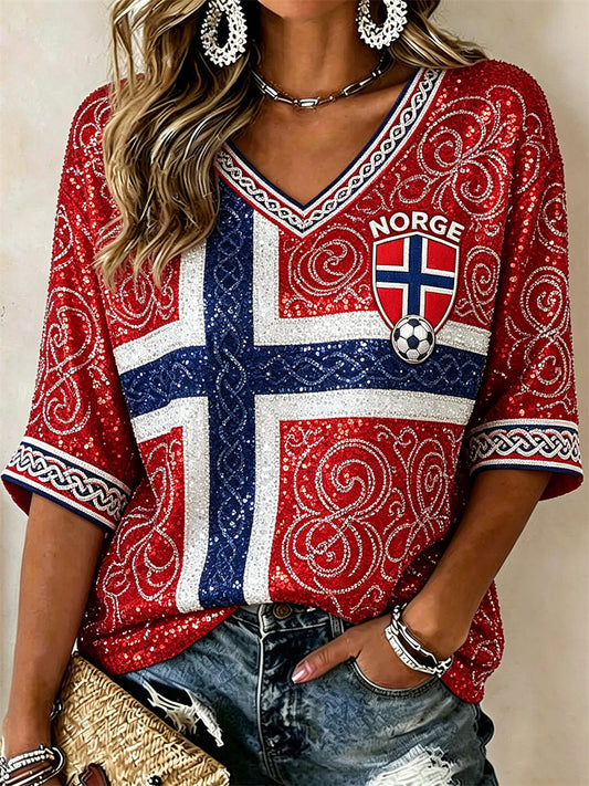 Women's Norway Football Viking Celtic Knot Flag Inspired Glitter Print Mid-length Sleeves V-Neck T-Shirt