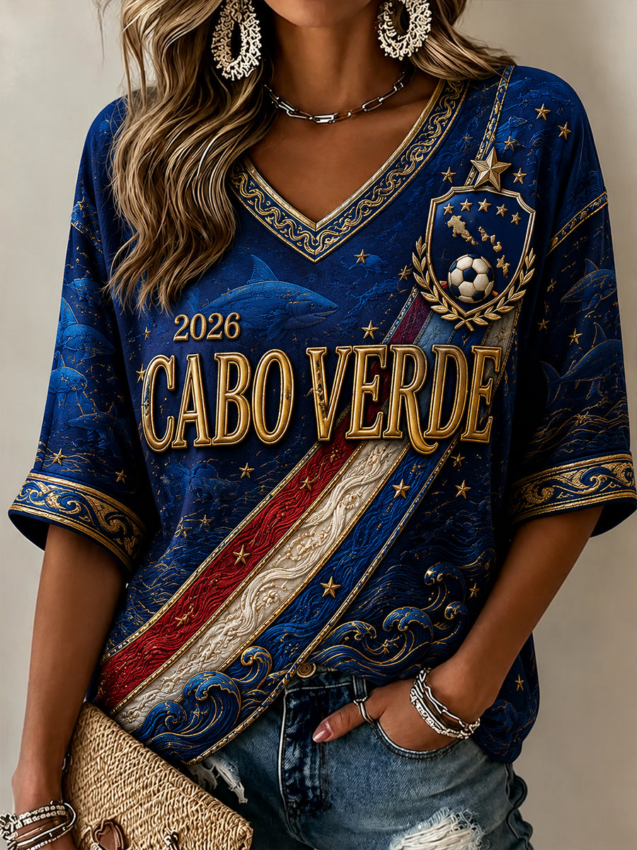 Women's Cape Verde Football Pattern Linen V-Neck Shirt