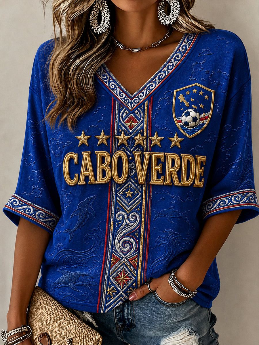 Women's Cape Verde Football  Pattern Linen V-Neck Shirt