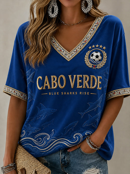 Women's Cape Verde Football Pattern Linen V-Neck Shirt