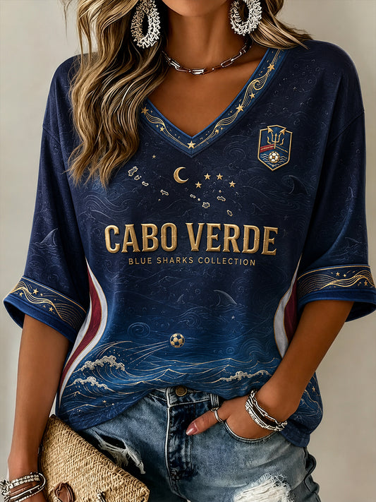 Women's Cape Verde Football Pattern Linen V-Neck Shirt