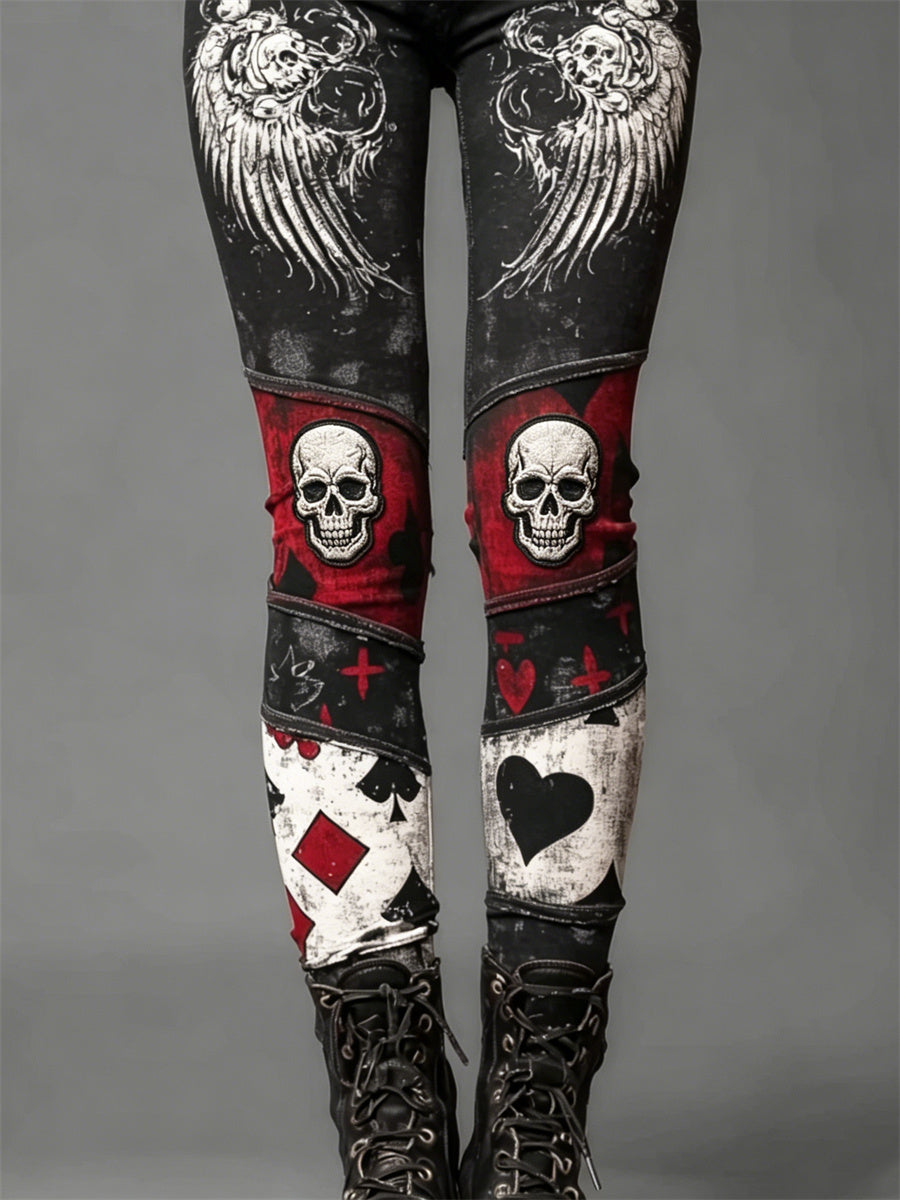 Women's Rock Style Skull & Wings Pokers Colorblock Print Leggings