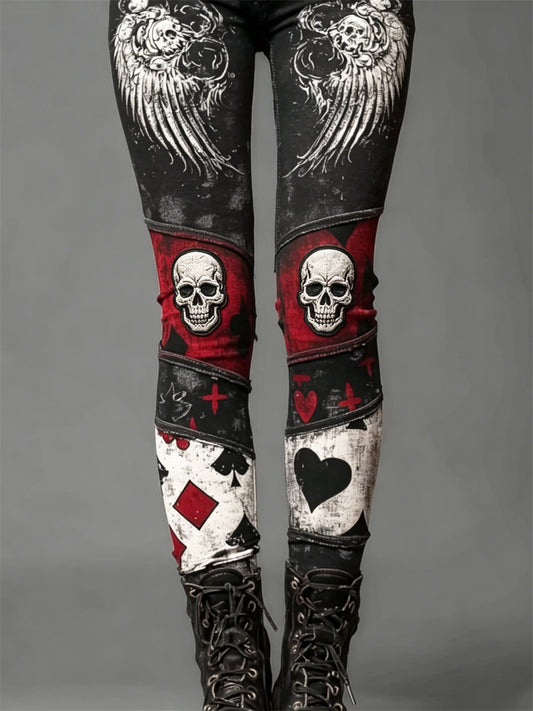 Women's Rock Style Skull & Wings Pokers Colorblock Print Leggings