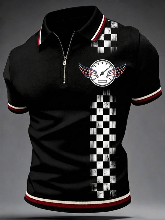 Men's Modern Culture Lover Speedometer Wings Printed Zipper Short-Sleeve T-Shirt
