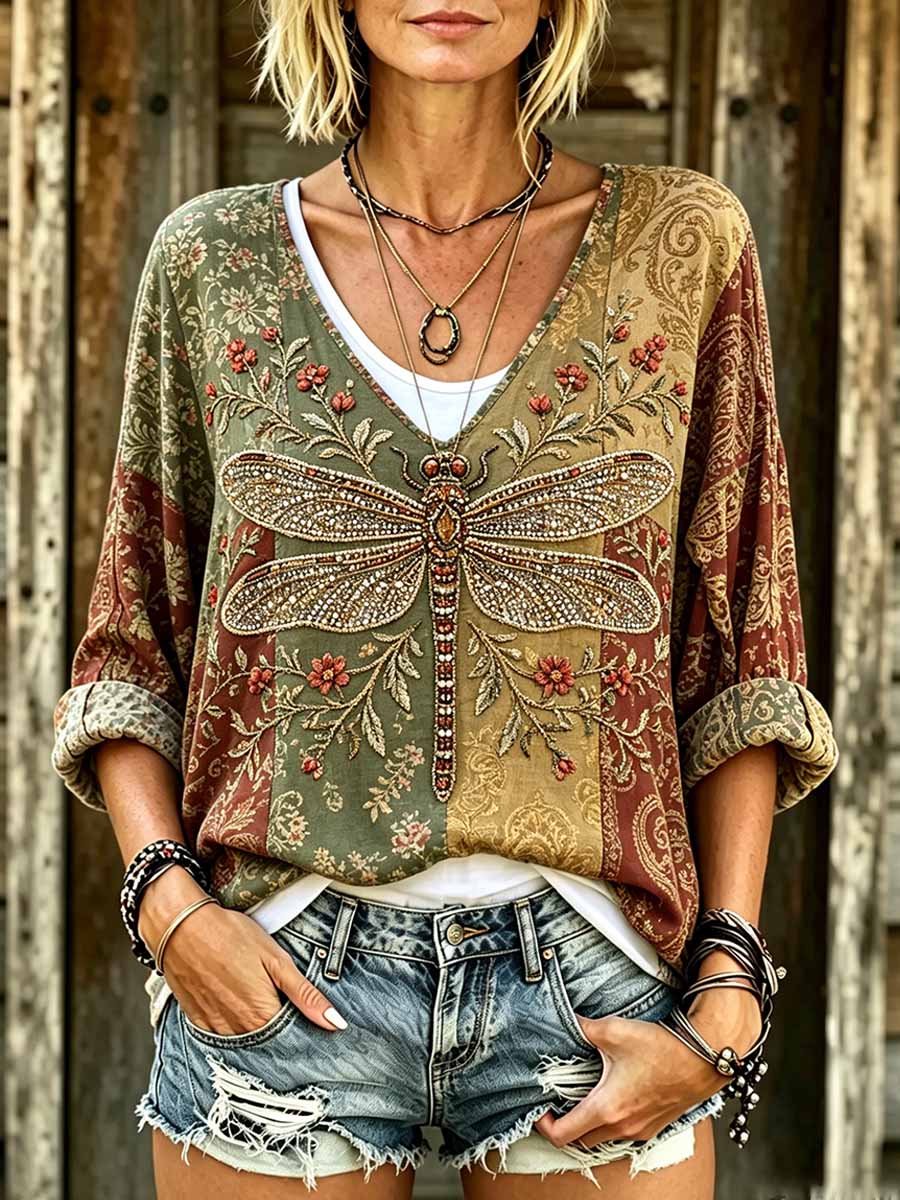 Women's Vintage Hippie Dragonfly Print T-Shirt