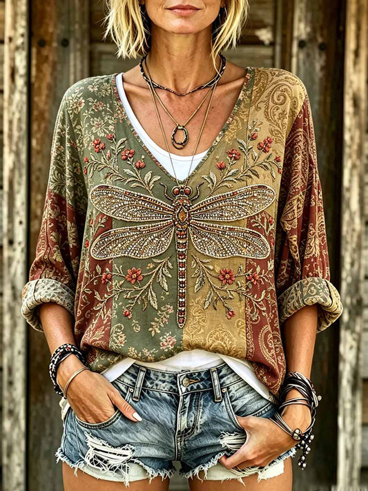 Women's Vintage Hippie Dragonfly Print T-Shirt
