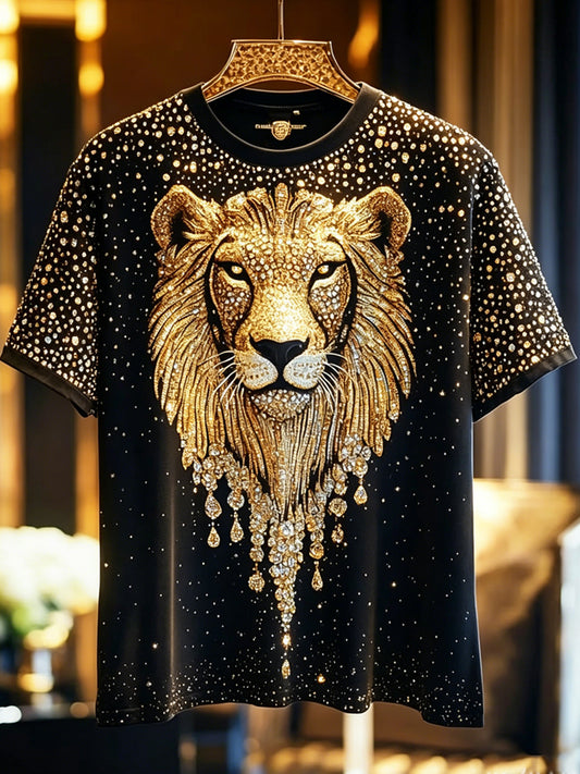 Men's Animal Lion Shining Printed Vintage Fashion Loose Short Sleeve T-Shirt