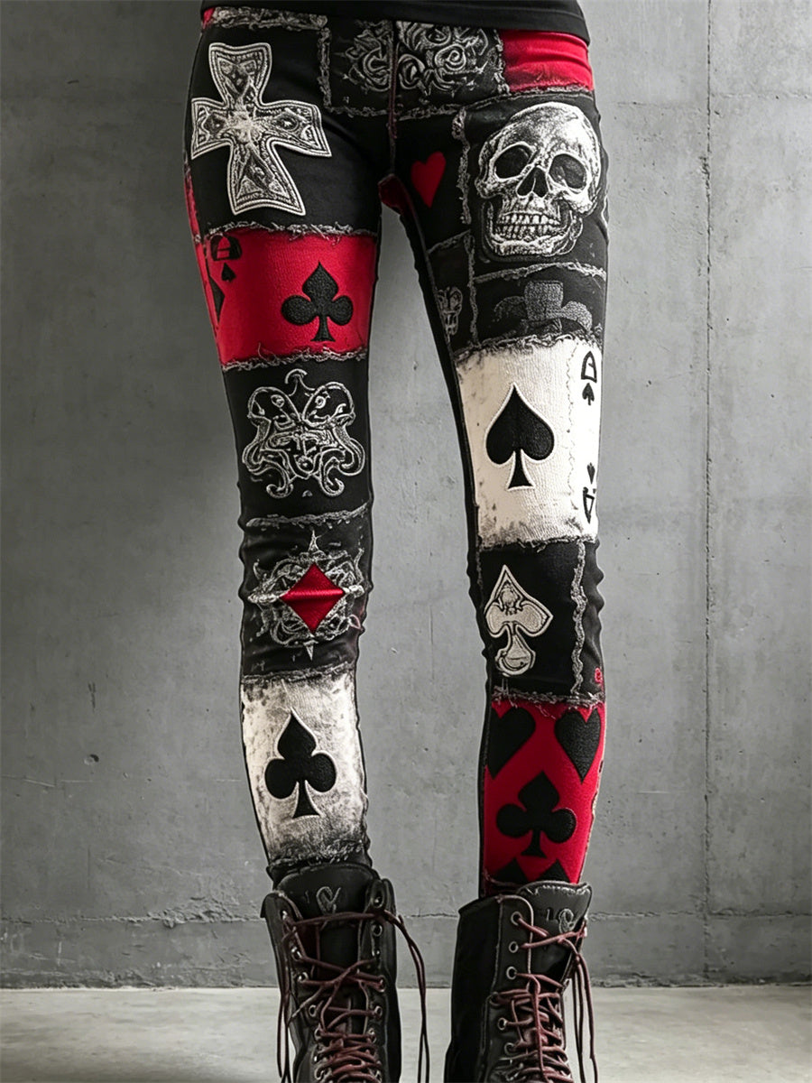 Women's Rock Style Skull & Cross Pokers Colorblock Print Leggings