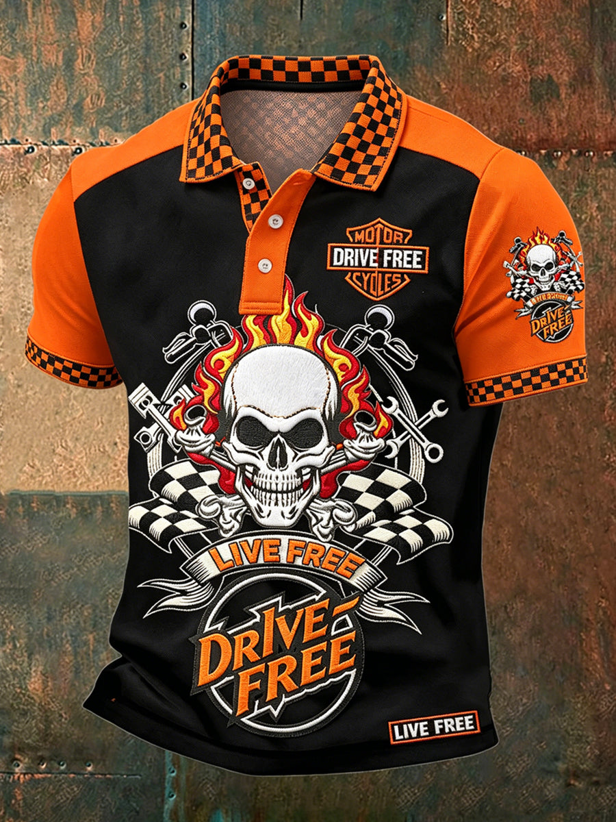 Men's Ride To Free Print Polo Collar Casual Short Sleeved Shirt