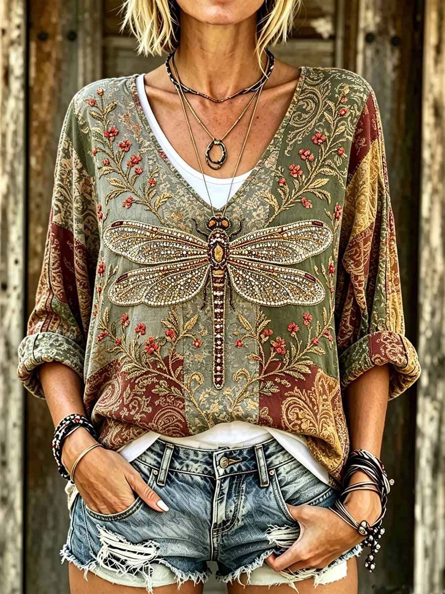 Women's Vintage Hippie Dragonfly Print T-Shirt