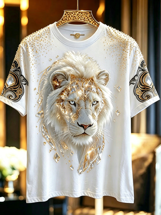 Men's Animal Lion Shining Printed Vintage Fashion Loose Short Sleeve T-Shirt