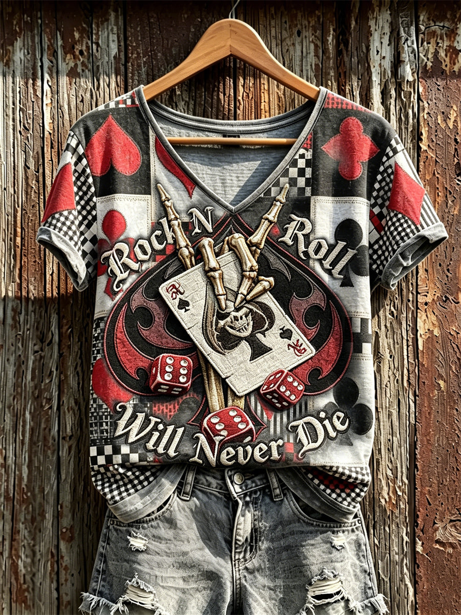 Women's Rock N Roll Will Never Die Skeleton Pokers Colorblock Print short-sleeved T-shirt