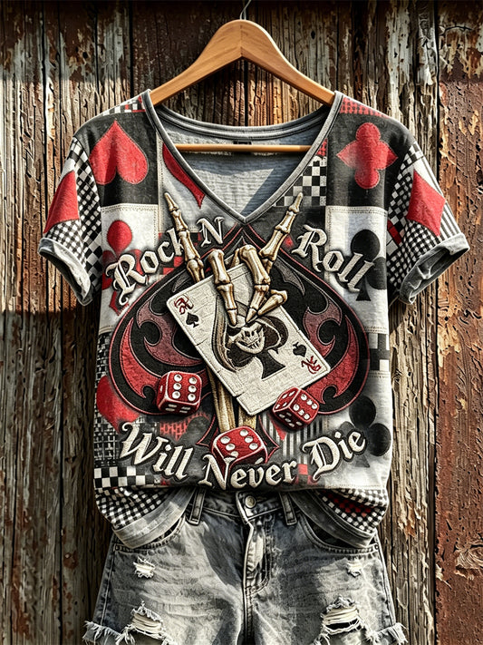 Women's Rock N Roll Will Never Die Skeleton Pokers Colorblock Print short-sleeved T-shirt