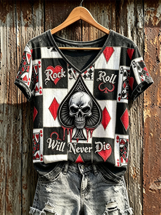 Women's Rock N Roll Will Never Die Skull Pokers Colorblock Print short-sleeved T-shirt