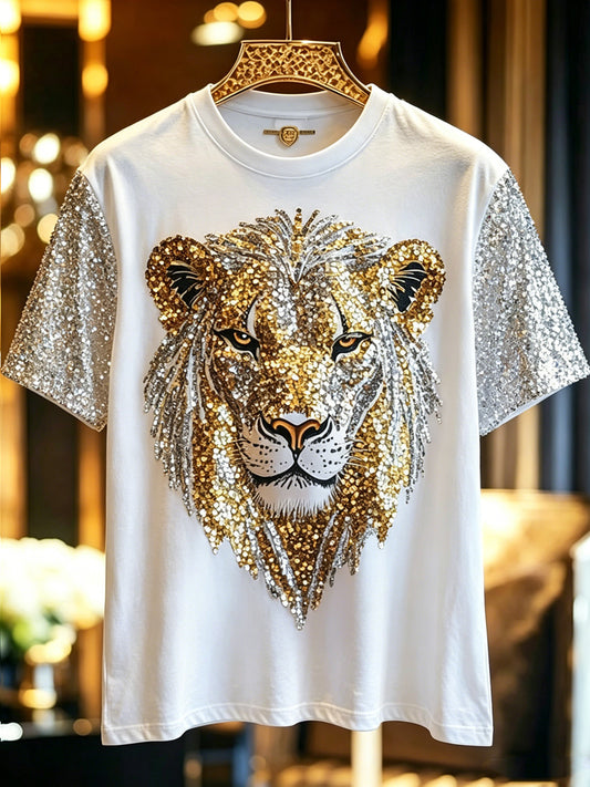 Men's Animal Lion Shining Printed Vintage Fashion Loose Short Sleeve T-Shirt