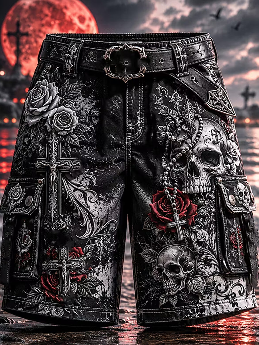 Men's Gothic Skull Red Rose Cross Art Print Casual Shorts