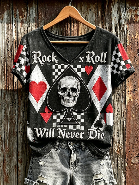 Women's Rock N Roll Will Never Die Skull Pokers Colorblock Print short-sleeved T-shirt
