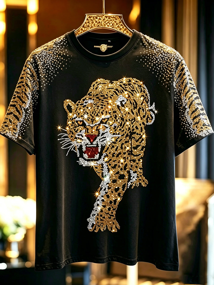 Men's Animal Tiger Shining Printed Vintage Fashion Loose Short Sleeve T-Shirt