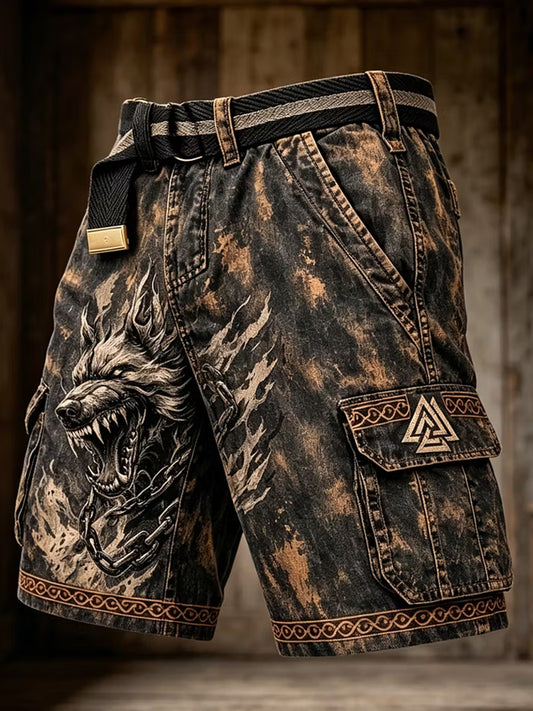 Men's Retro Dark Punk Wolf Art Print Casual Shorts