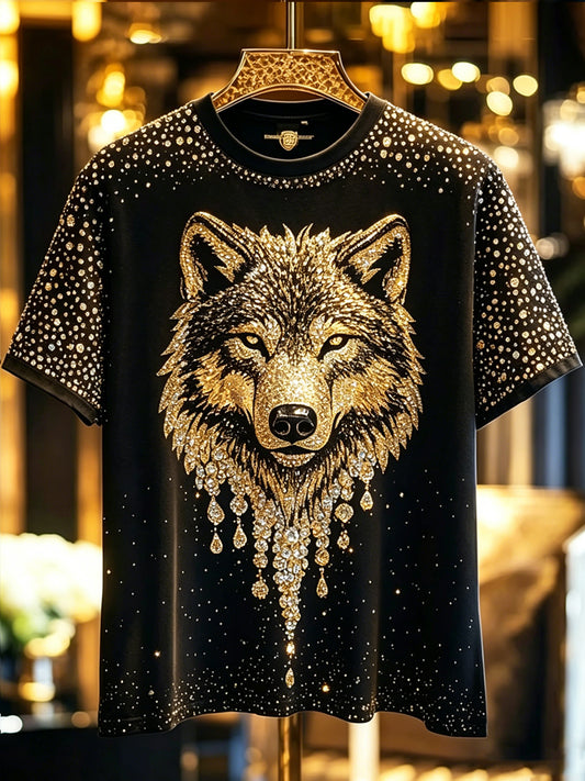 Men's Animal Wolf Shining Printed Vintage Fashion Loose Short Sleeve T-Shirt