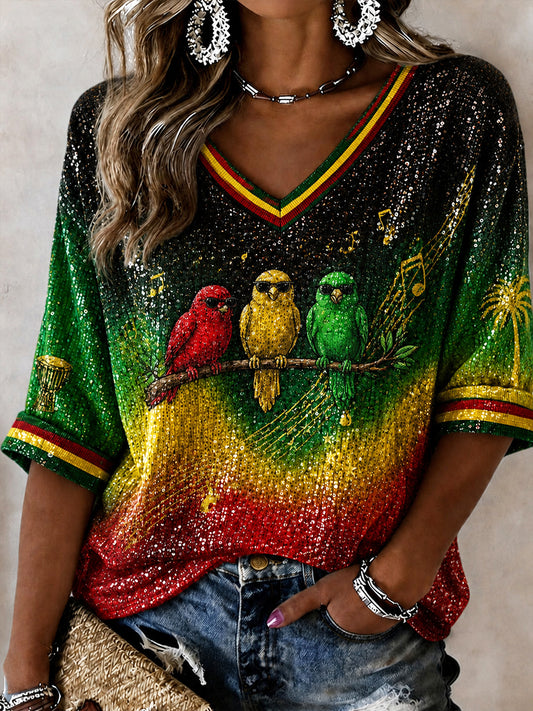 Women's Retro Reggae Art Gradient Casual V-Neck T-Shirt