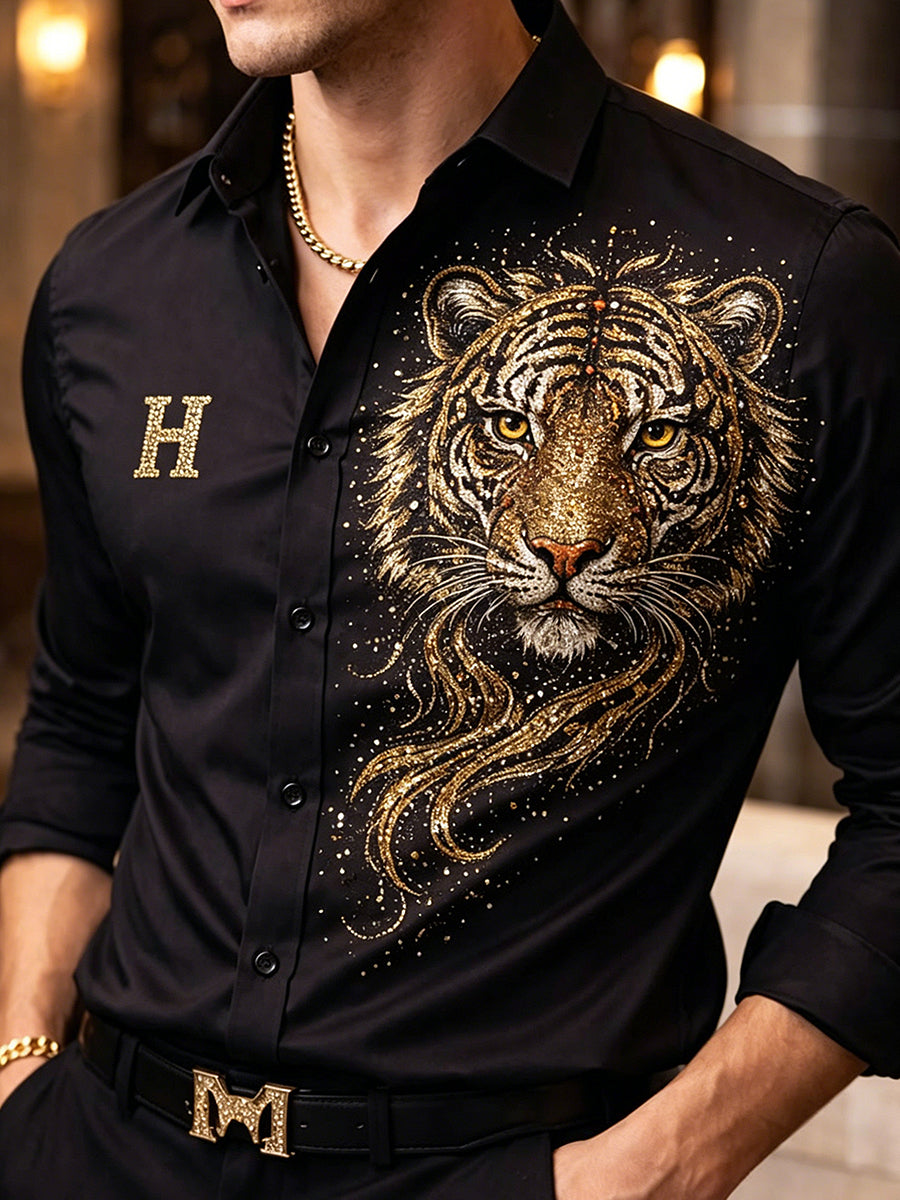 Men's Animal Tiger Shining Print Casual Long Sleeved Shirt