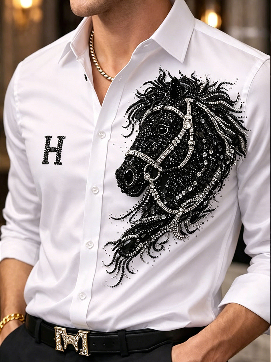 Men's Animal Horse Shining Print Casual Long Sleeved Shirt