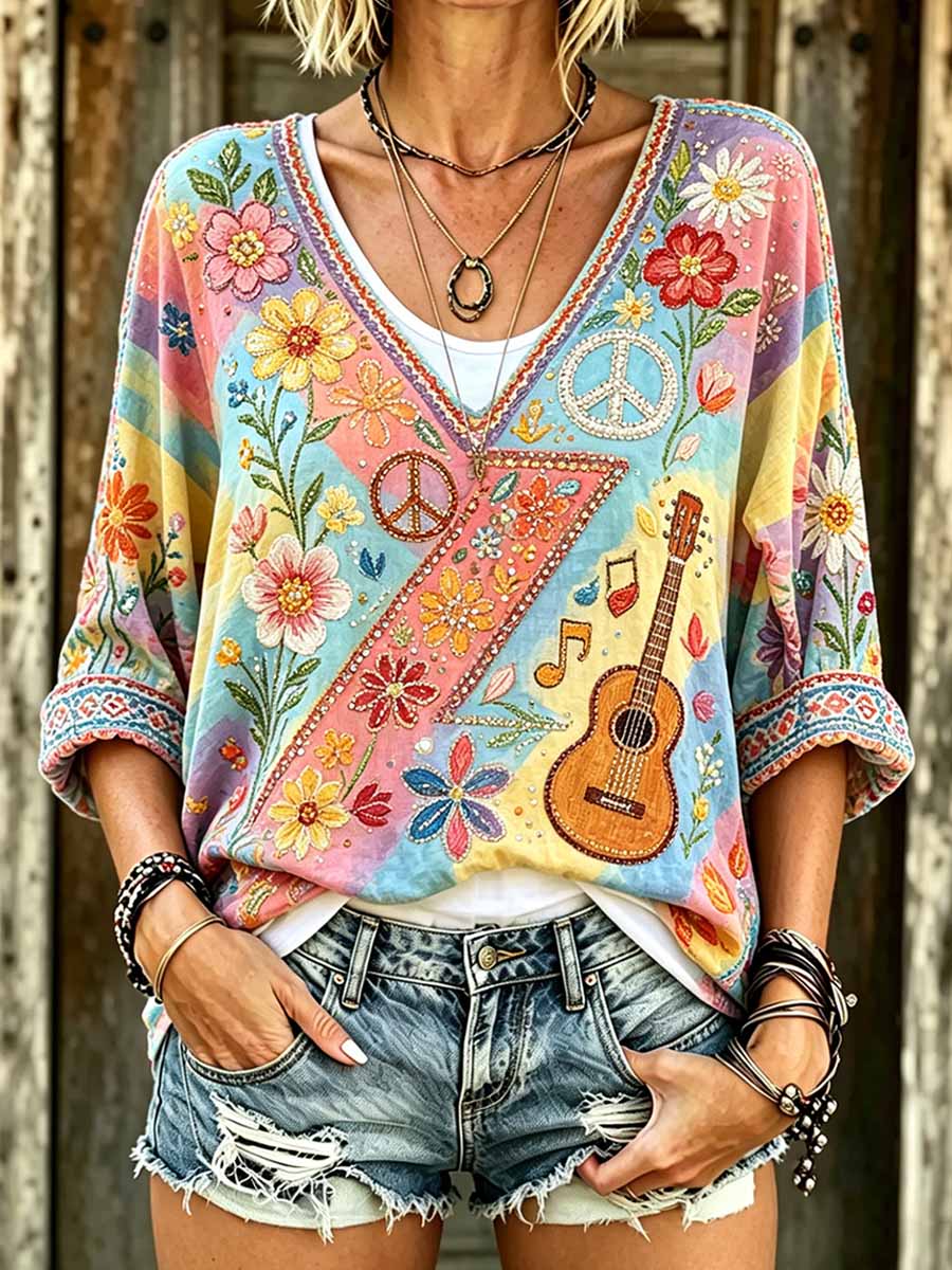 Women's Vintage Hippie Dragonfly Print T-Shirt