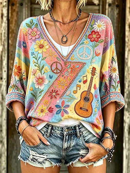 Women's Vintage Hippie Dragonfly Print T-Shirt
